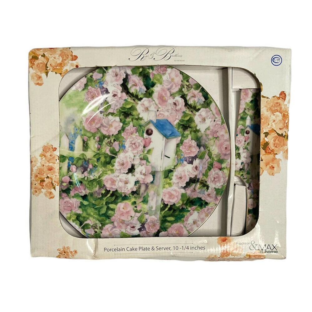 Madison & Max at Home Pink Roses & Birdhouse Porcelain Cake Plate & Server